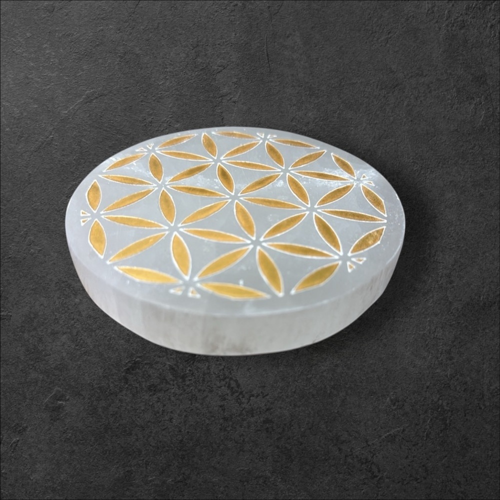 PRICE IS FIRM - Selenite Flower of Life Coaster Charging Decor Plate - Picture 3 of 5
